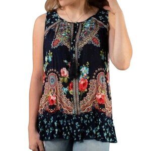 Bila Boho Top Size XXL Floral Sleeveless Tassel Tie Peasant Multicolor Cottage